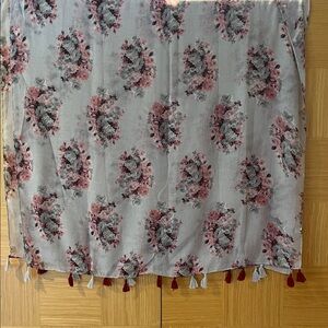 Floral Gray and Pink Scarf with Tassels